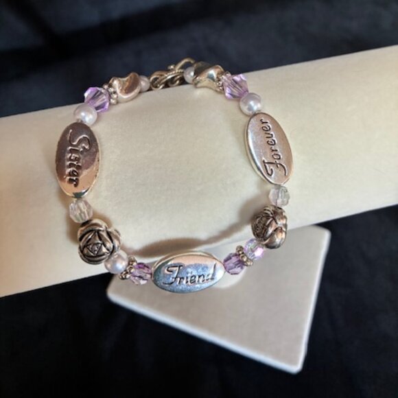 Bracelet - "Sister Friend Forever" words with pink and pearl beads - Picture 1 of 5